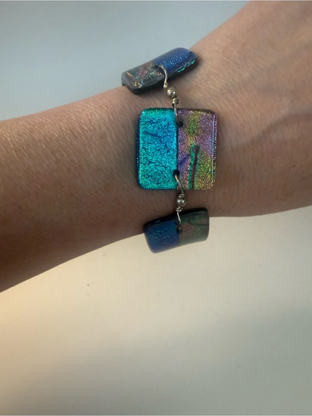 Artisan Dichroic Iridescent Blue-Green Glass Bracelet - Picture 2 of 10